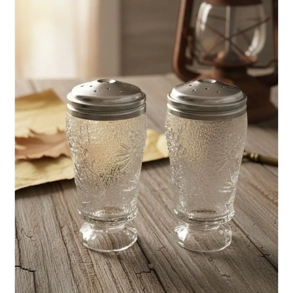 Vintage Frosted Glass Salt Pepper Shakers Pinecone Pine needle Footed Metal Lids